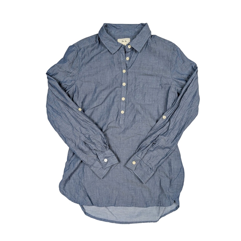 Per‎ Se Blue Chambray Cotton 1/2 Button-Up Long Sleeve Shirt Women's Size Small